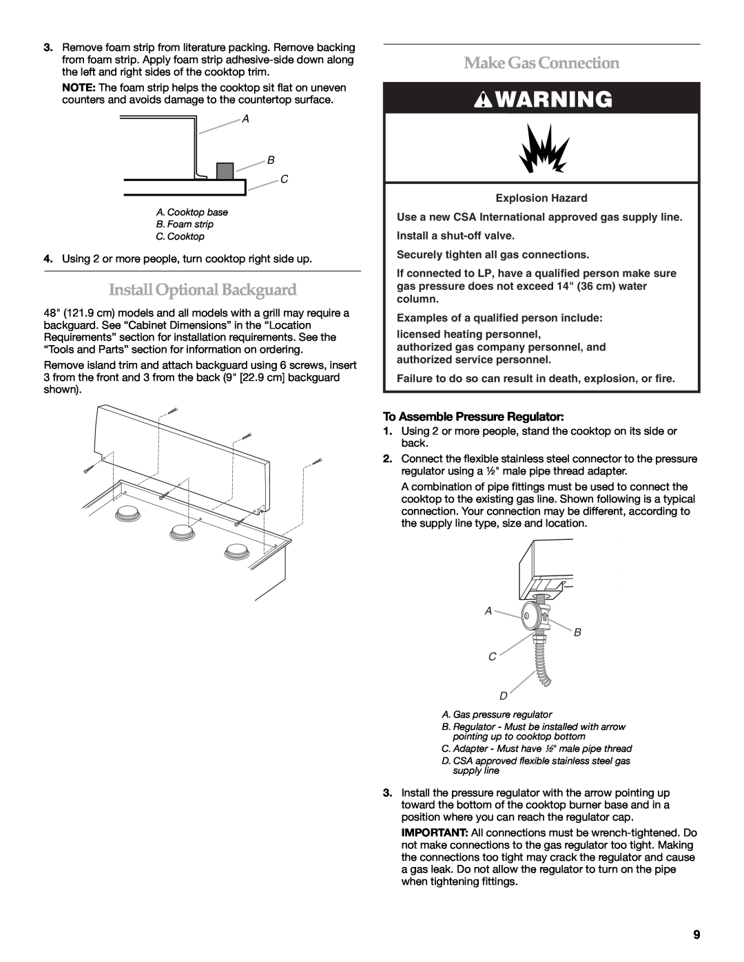 KitchenAid W10271686C InstallOptional Backguard, Make Gas Connection, To Assemble Pressure Regulator, A B C D 