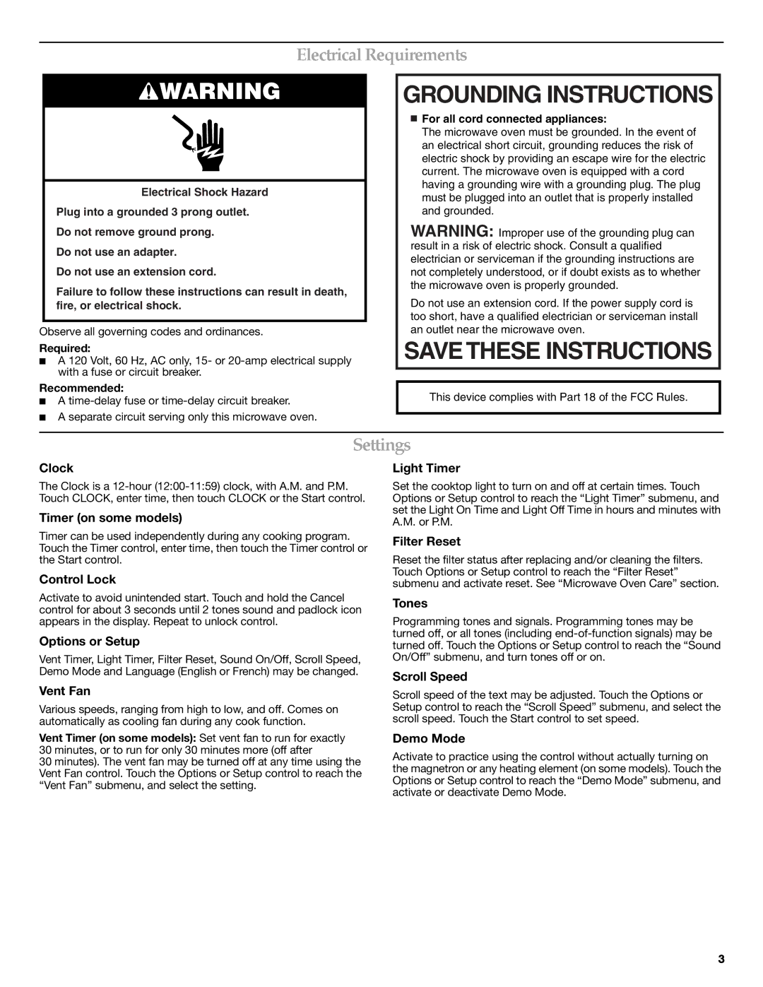 KitchenAid W10272104A, W10272105A, KHMS2040BSS Grounding Instructions, Electrical Requirements, Settings 