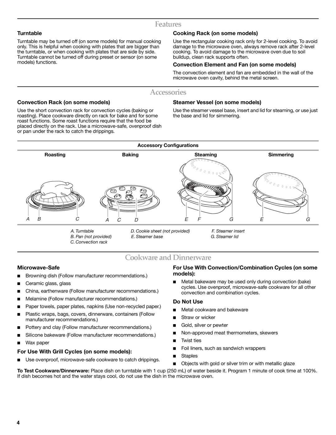 KitchenAid W10272105A, W10272104A, KHMS2040BSS important safety instructions Features, Accessories, Cookware and Dinnerware 