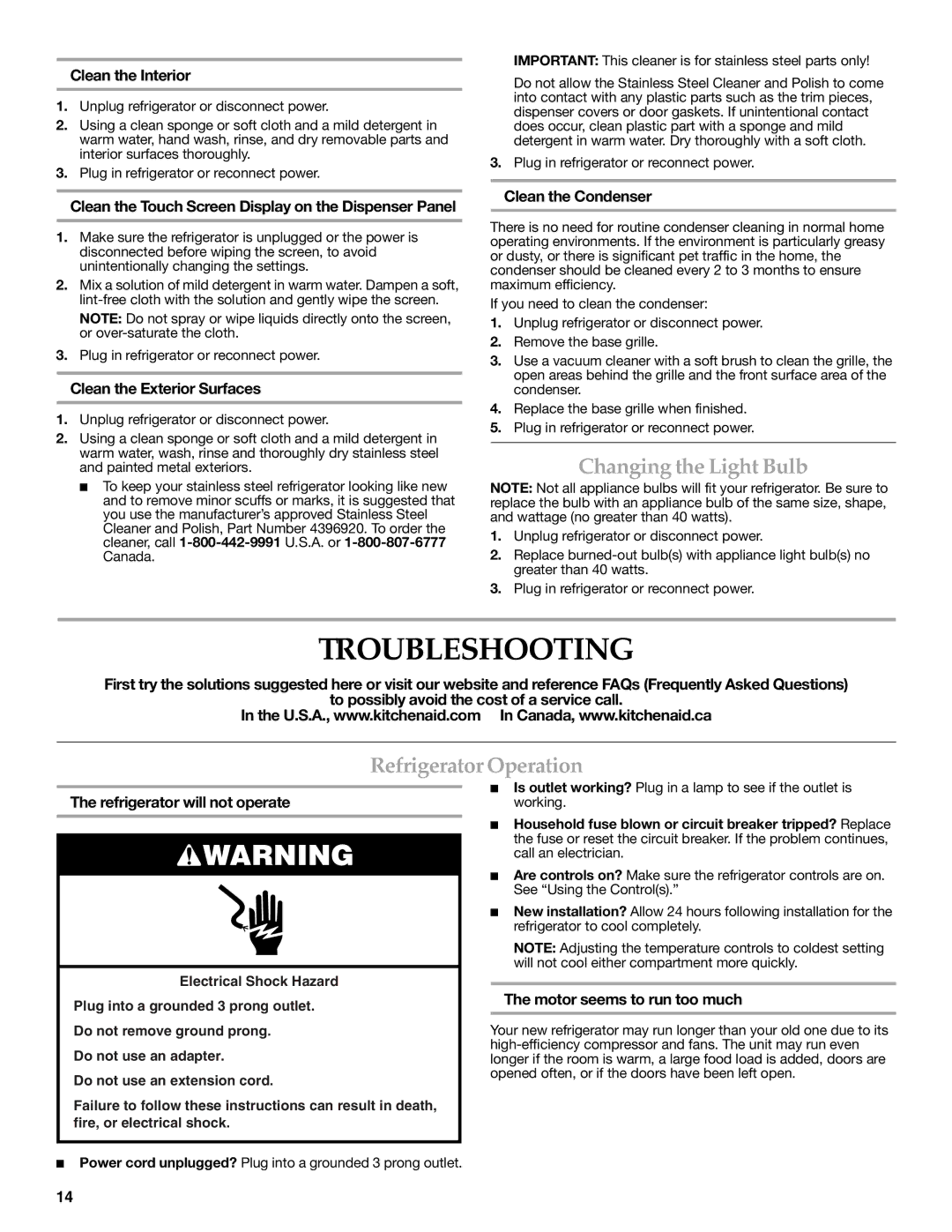 KitchenAid W10278586A installation instructions Troubleshooting, Changing the Light Bulb, Refrigerator Operation 