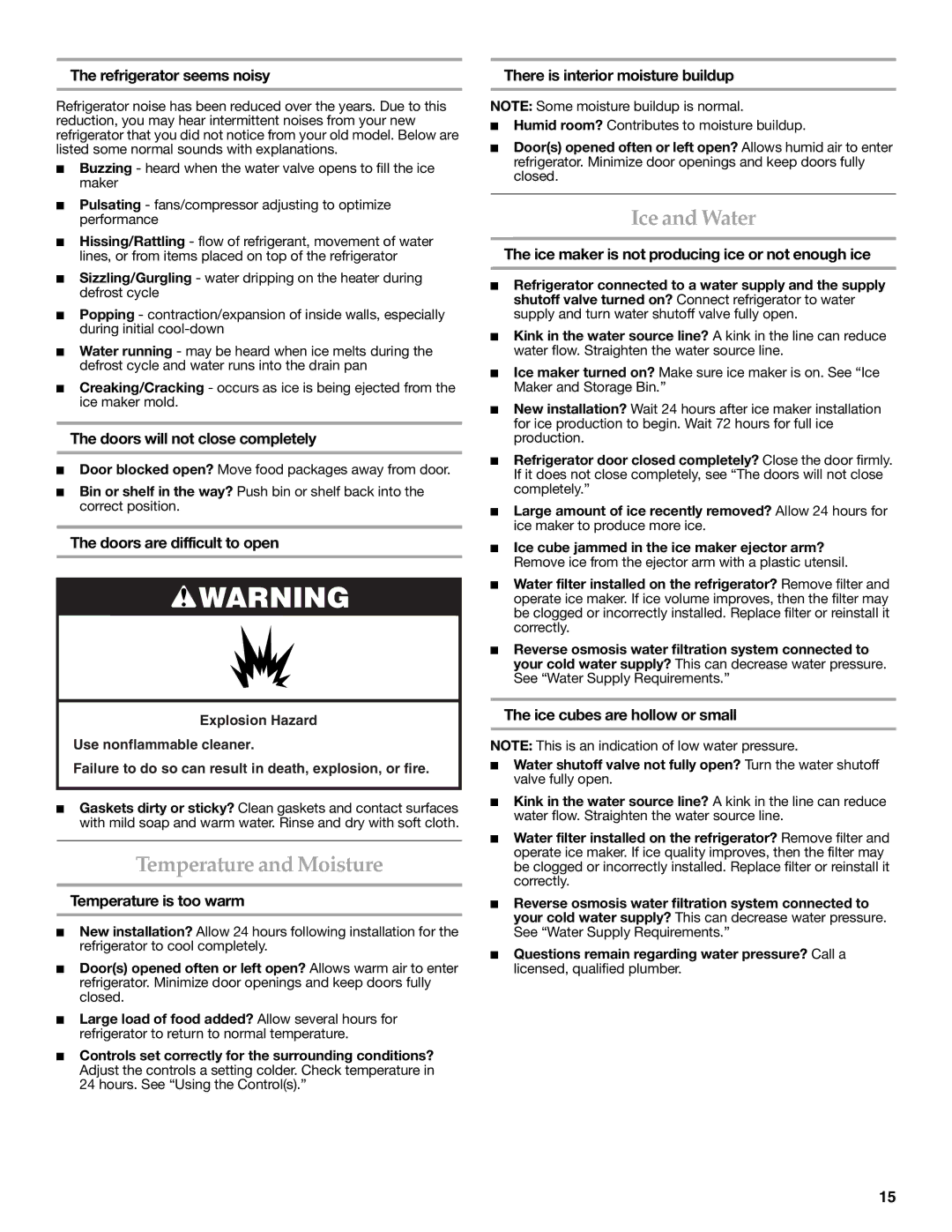 KitchenAid W10278586A installation instructions Temperature and Moisture, Ice and Water 