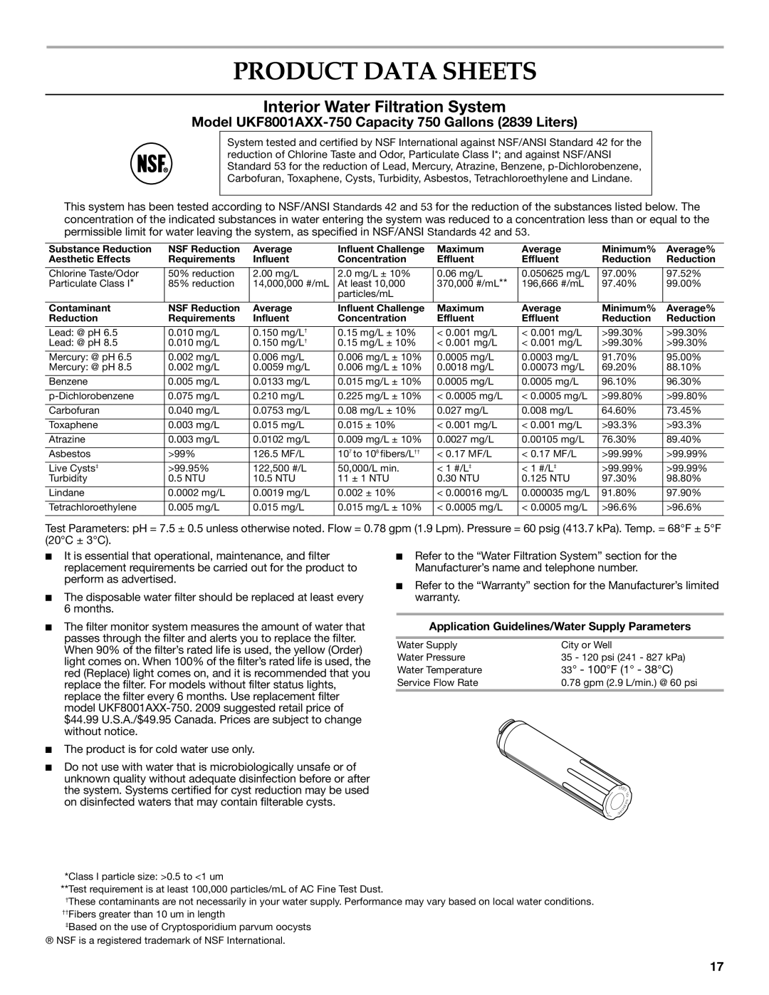 KitchenAid W10278586A installation instructions Product Data Sheets, Application Guidelines/Water Supply Parameters 