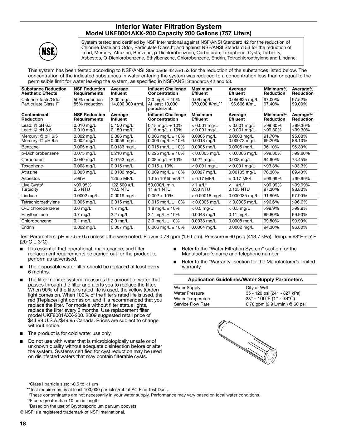 KitchenAid W10278586A installation instructions Model UKF8001AXX-200 Capacity 200 Gallons 757 Liters 