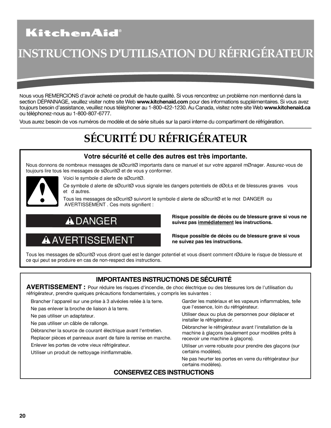 KitchenAid W10278586A installation instructions Instructions Dutilisation DU Réfrigérateur, Sécurité DU Réfrigérateur 