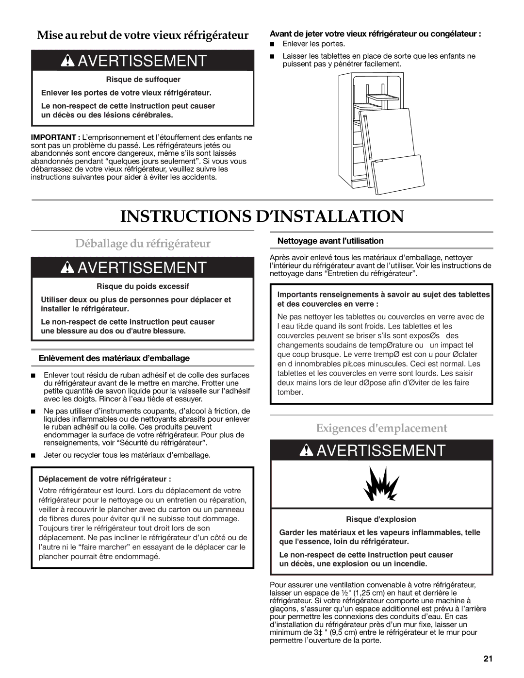 KitchenAid W10278586A Instructions D’INSTALLATION, Déballage du réfrigérateur, Exigences demplacement 