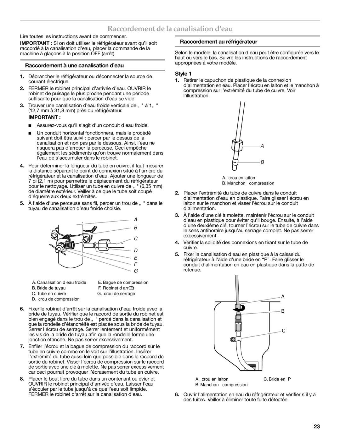 KitchenAid W10278586A installation instructions Raccordement de la canalisation deau, Raccordement à une canalisation d’eau 