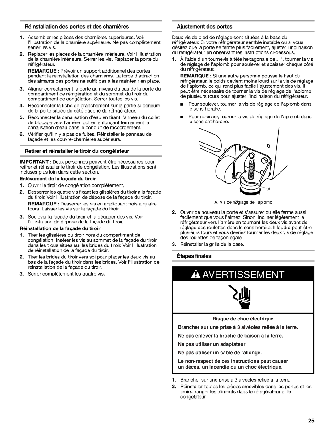 KitchenAid W10278586A Réinstallation des portes et des charnières, Retirer et réinstaller le tiroir du congélateur 