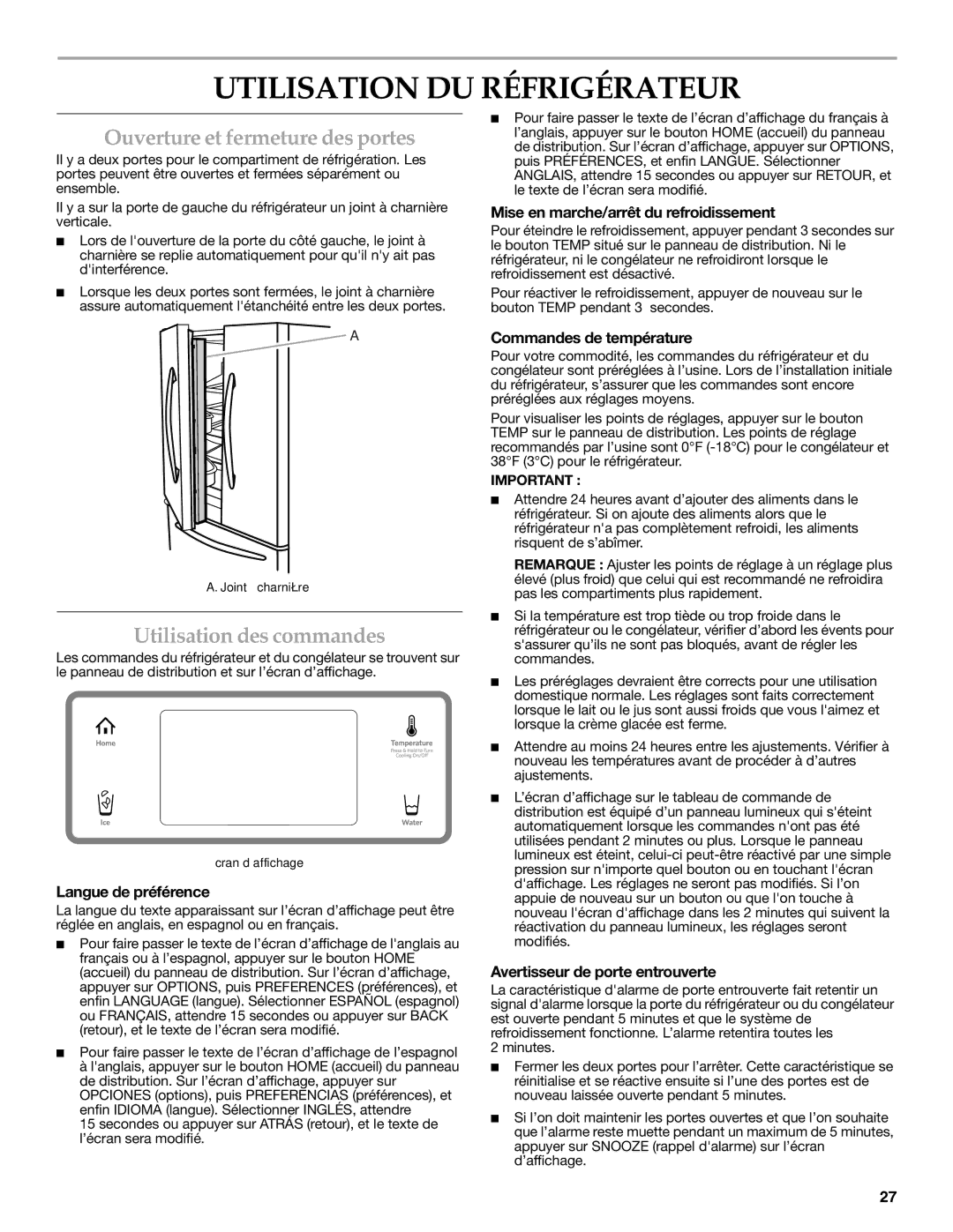 KitchenAid W10278586A Utilisation DU Réfrigérateur, Ouverture et fermeture des portes, Utilisation des commandes 