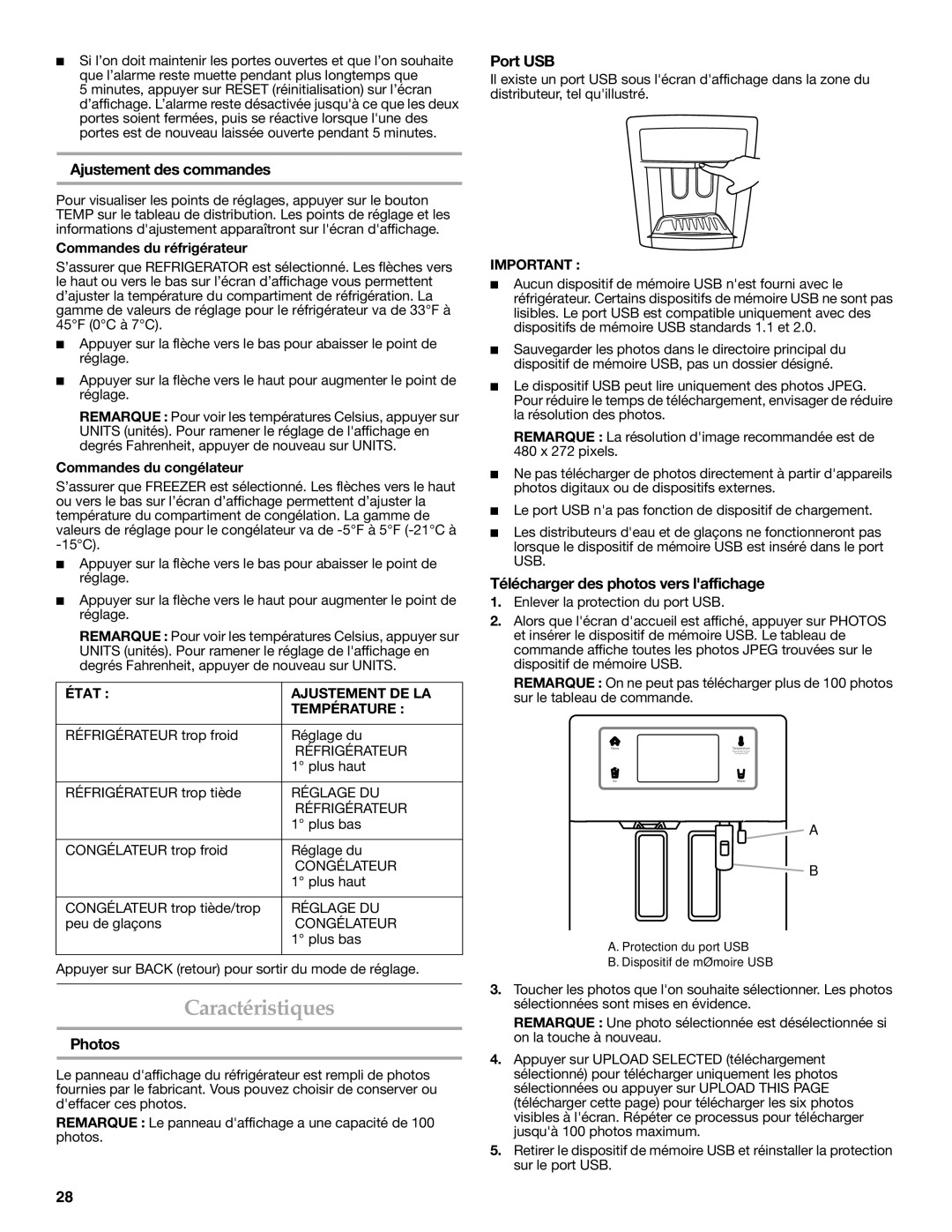 KitchenAid W10278586A Caractéristiques, Ajustement des commandes, Port USB, Télécharger des photos vers laffichage 