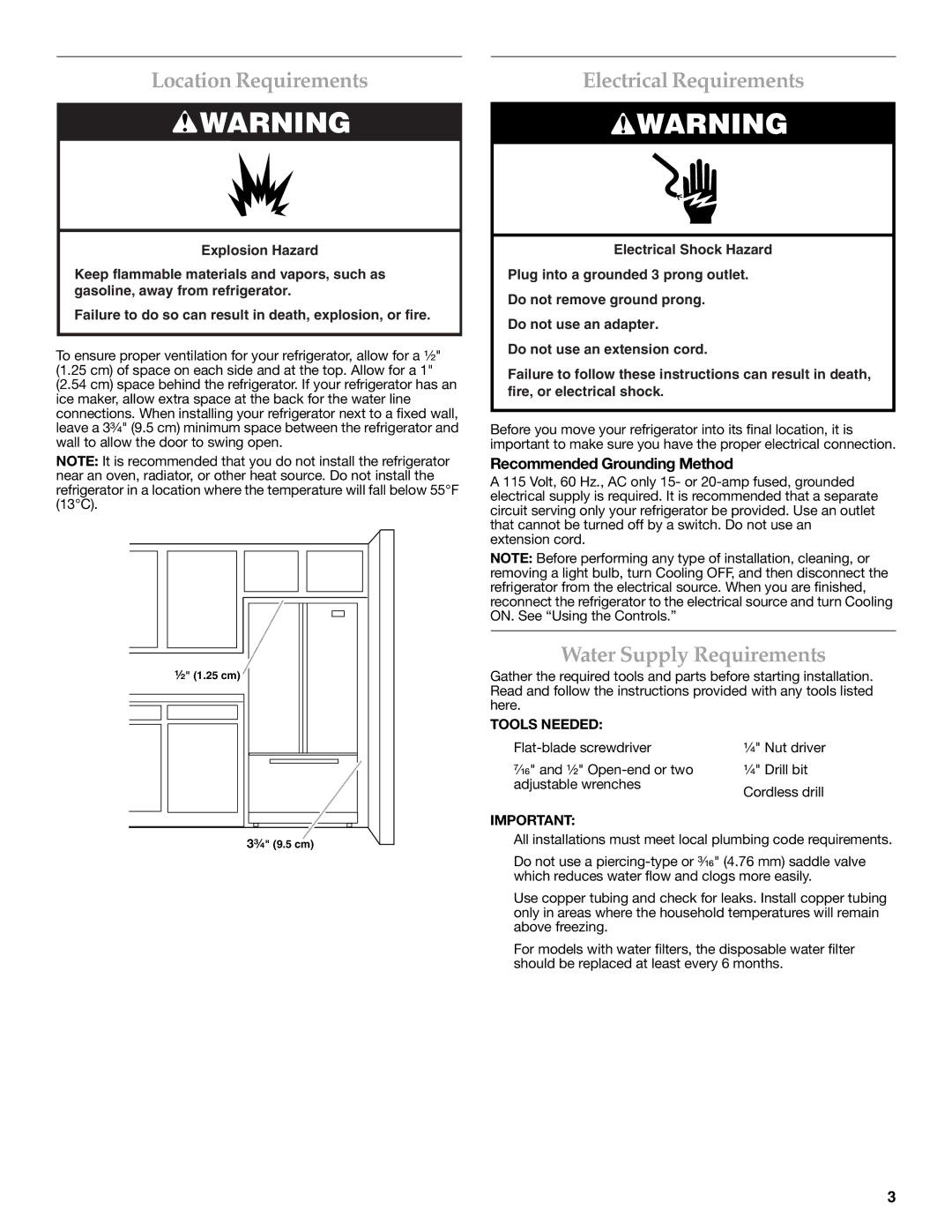 KitchenAid W10278586A Location Requirements, Electrical Requirements, Water Supply Requirements, Tools Needed 