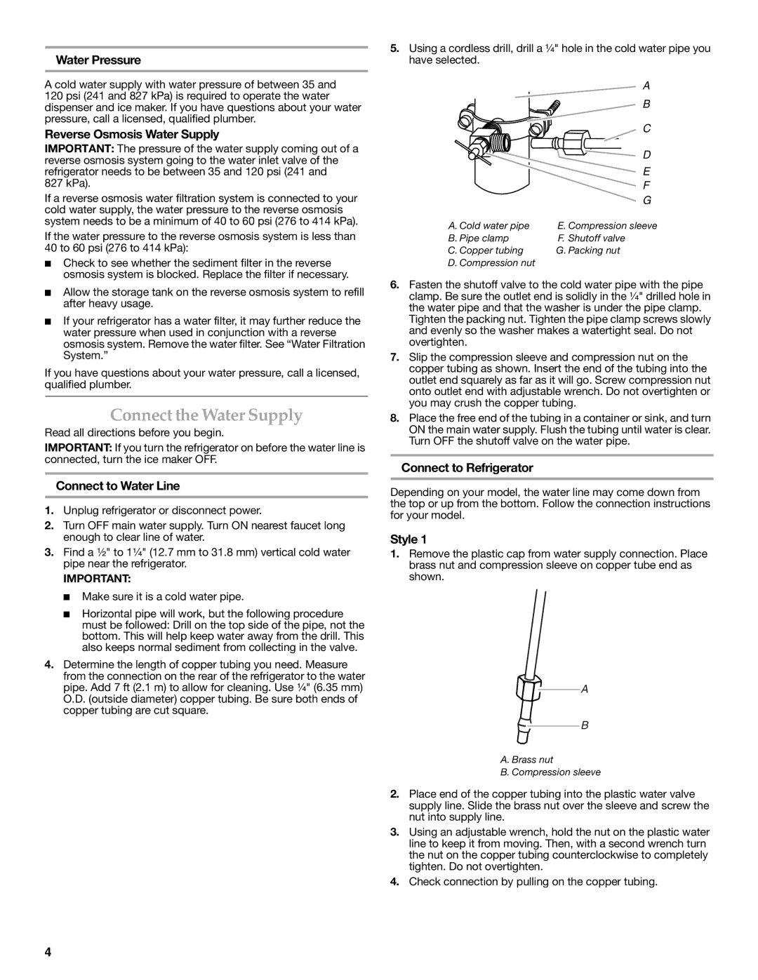 KitchenAid W10278586A installation instructions Connect the Water Supply 