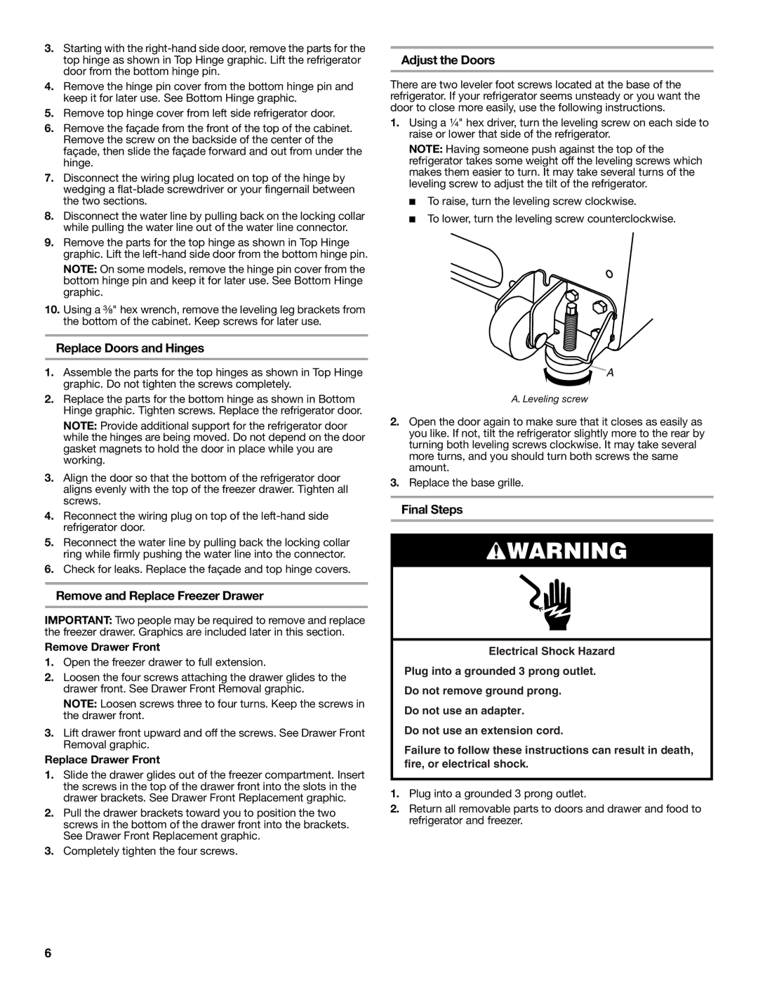 KitchenAid W10278586A Replace Doors and Hinges, Remove and Replace Freezer Drawer, Adjust the Doors, Final Steps 