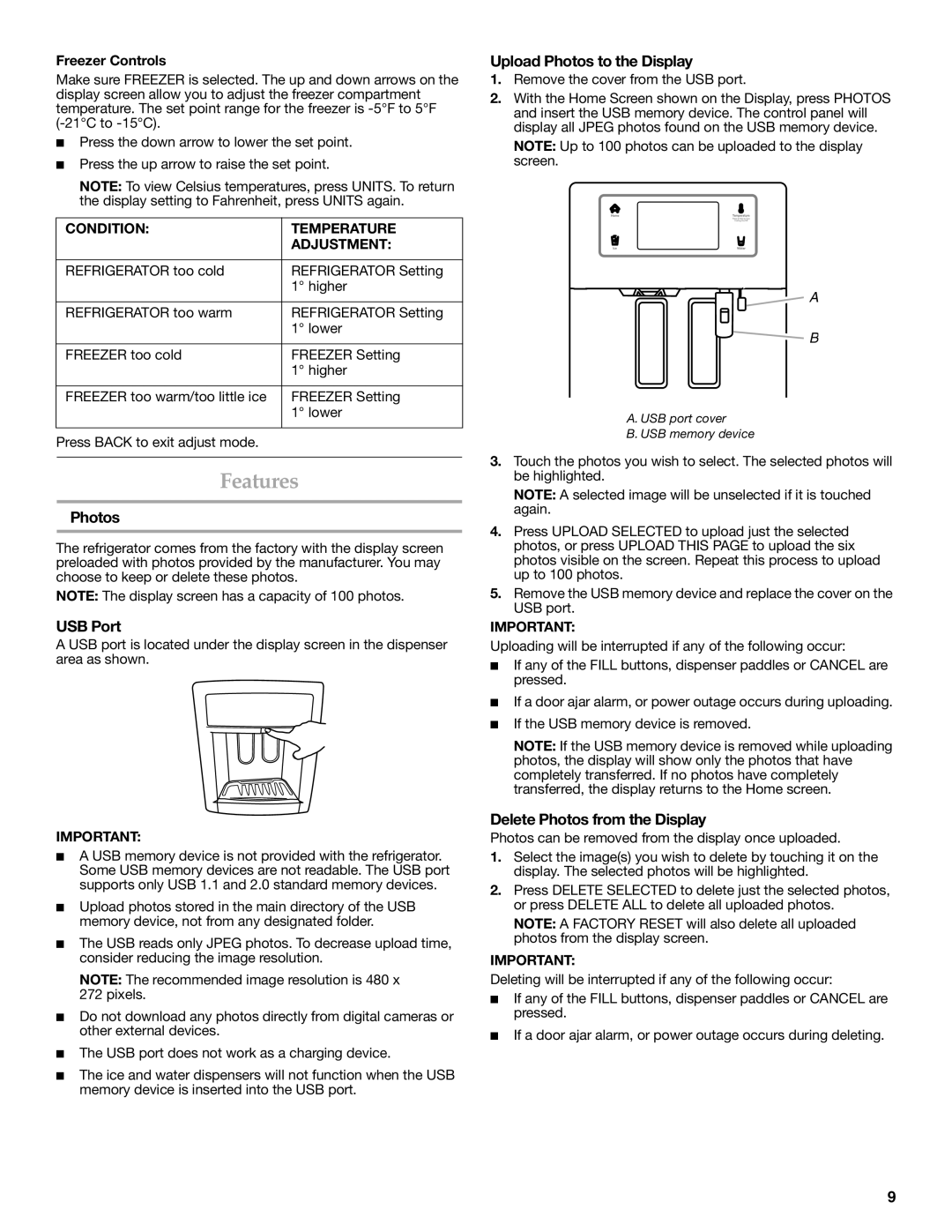 KitchenAid W10278586A Features, USB Port, Upload Photos to the Display, Delete Photos from the Display 