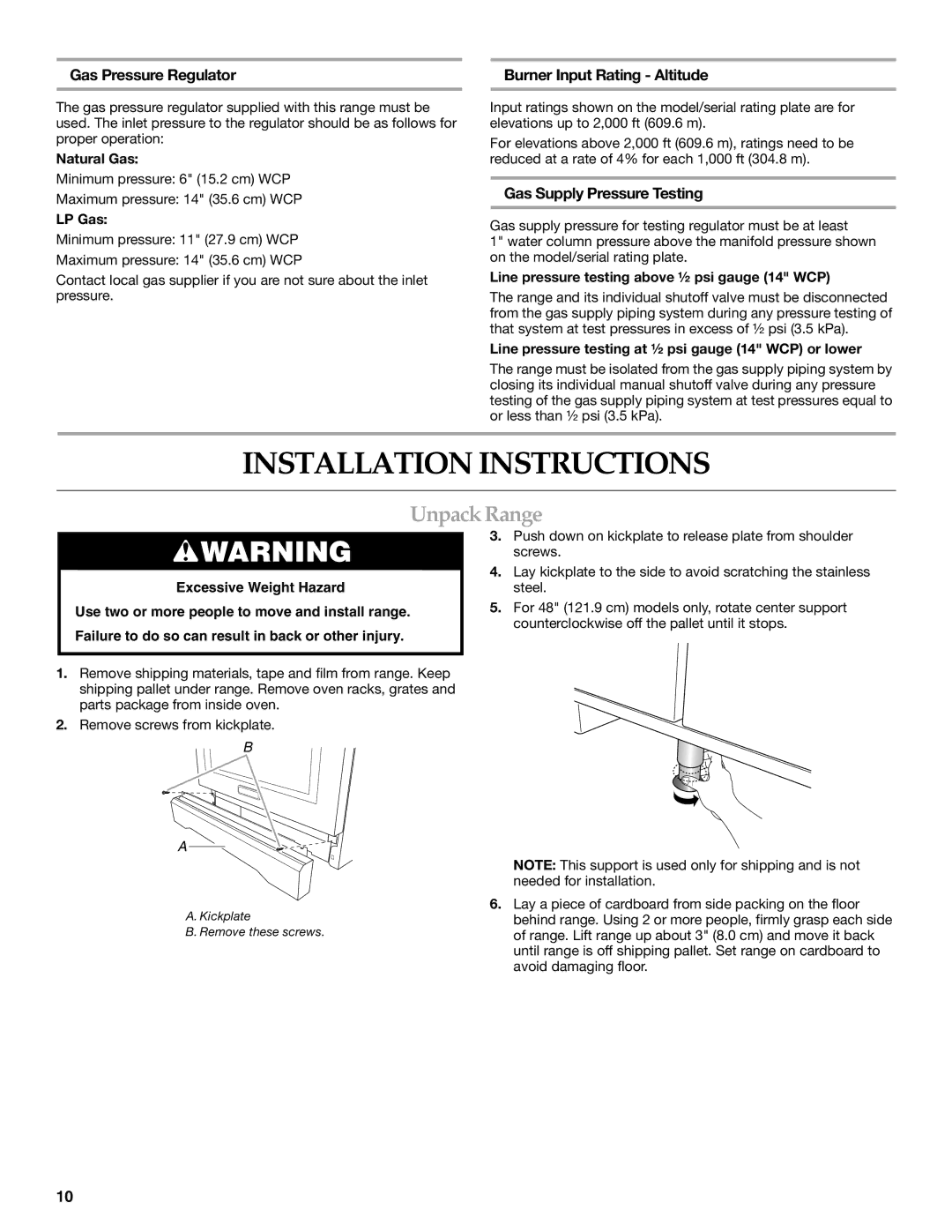 KitchenAid W10284348A Installation Instructions, Unpack Range, Gas Pressure Regulator, Burner Input Rating Altitude 