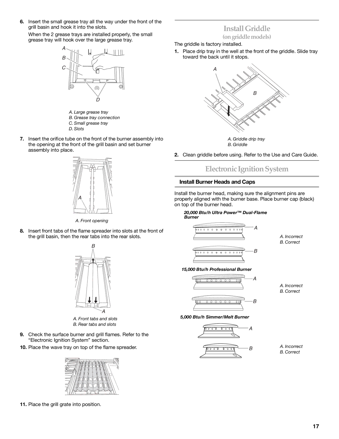 KitchenAid W10284348A installation instructions Install Griddle, Electronic Ignition System, Install Burner Heads and Caps 