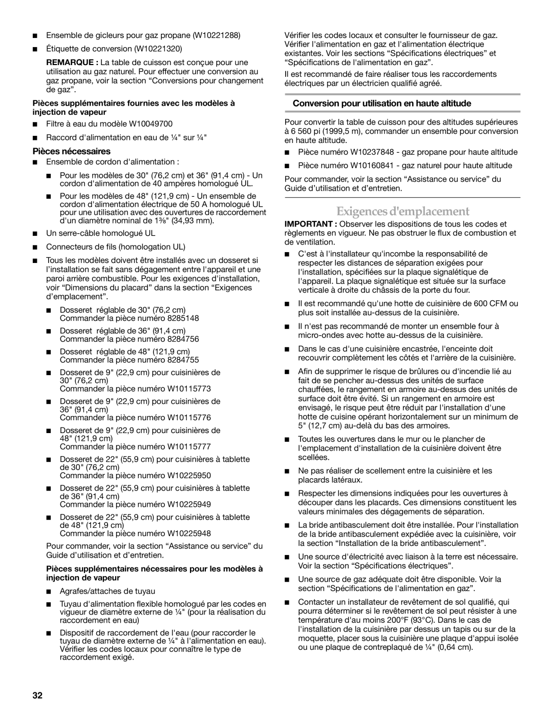 KitchenAid W10284348A Exigences demplacement, Pièces nécessaires, Conversion pour utilisation en haute altitude 