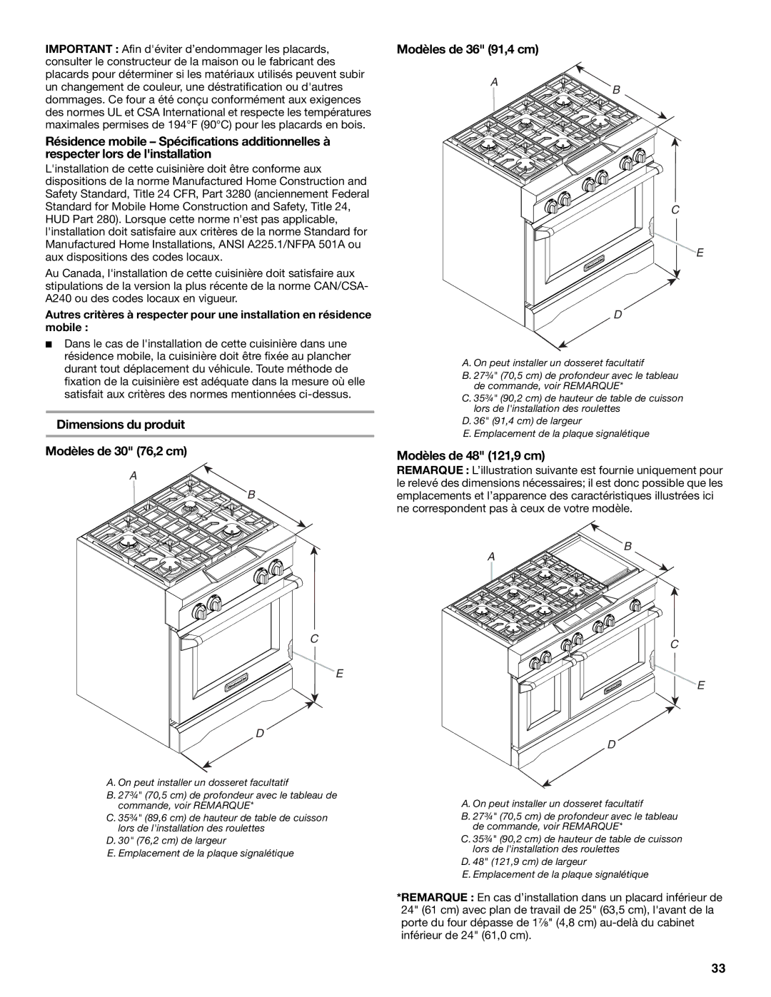 KitchenAid W10284348A Dimensions du produit Modèles de 30 76,2 cm, Modèles de 36 91,4 cm, Modèles de 48 121,9 cm 