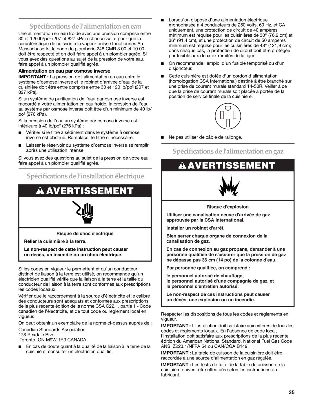 KitchenAid W10284348A Spécifications de l’alimentation en eau, Spécifications de l’installation électrique 