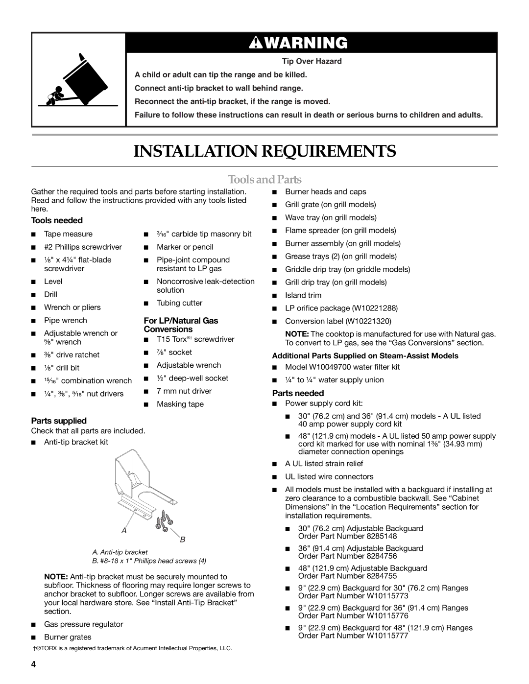 KitchenAid W10284348A installation instructions Installation Requirements, Tools and Parts 