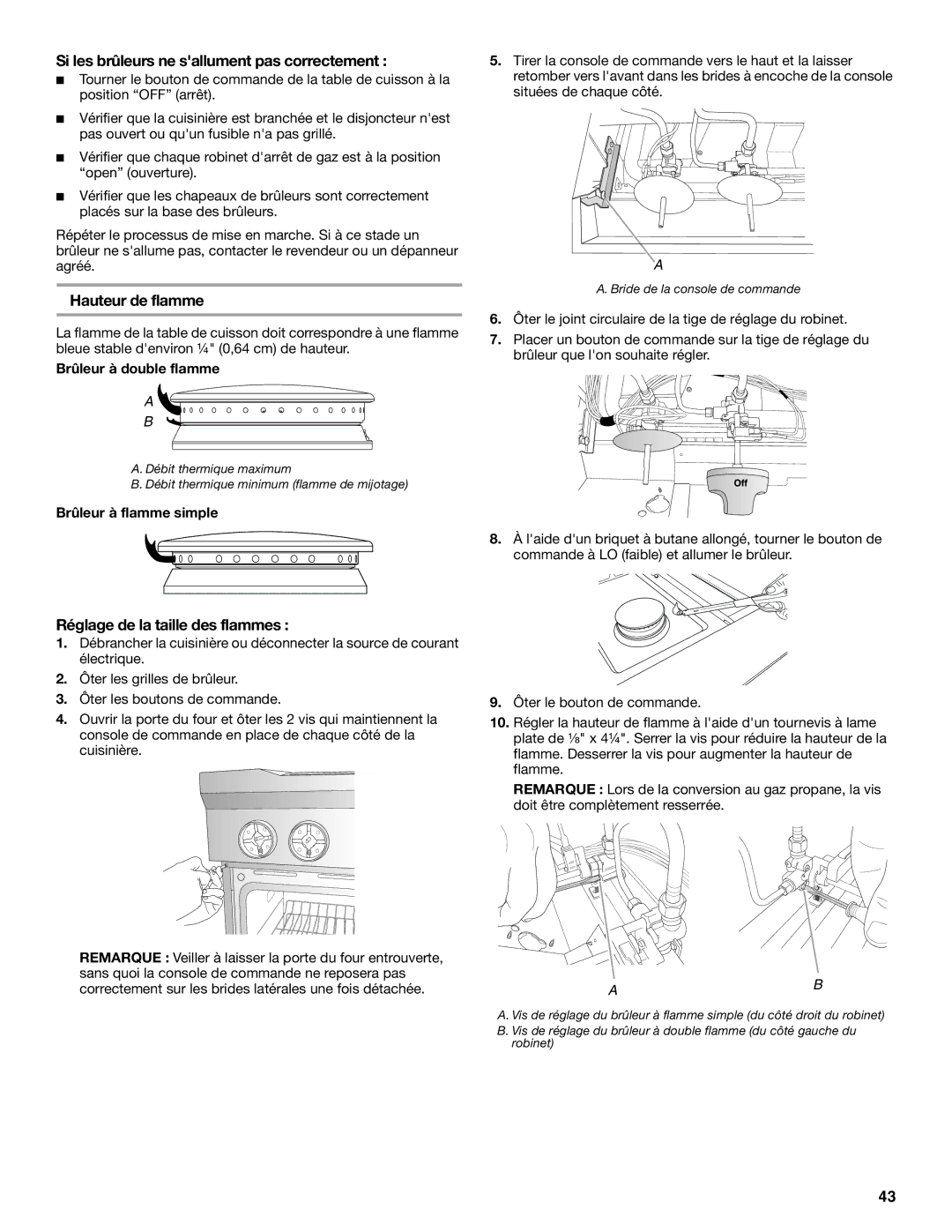 KitchenAid W10284348A Si les brûleurs ne sallument pas correctement, Hauteur de flamme, Réglage de la taille des flammes 