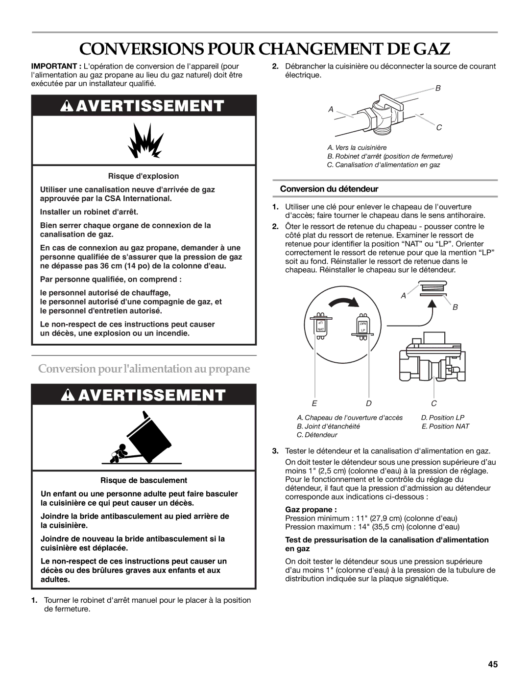 KitchenAid W10284348A Conversions Pour Changement DE GAZ, Conversion pour lalimentation au propane, Détendeur 