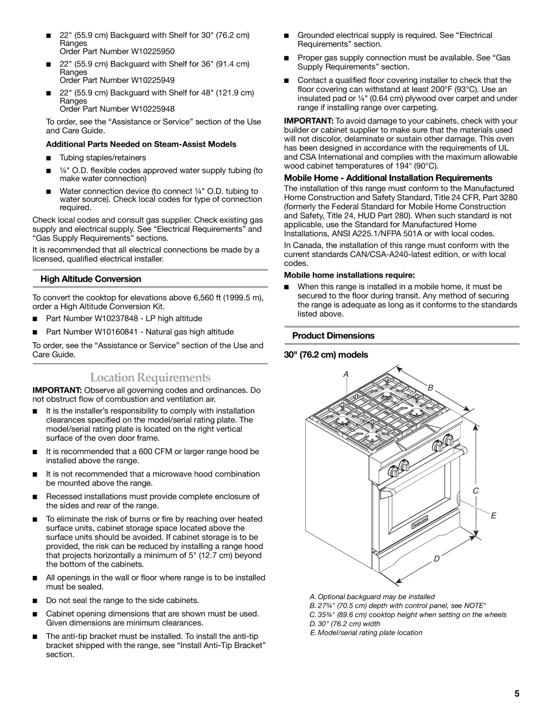 KitchenAid W10284348A Location Requirements, High Altitude Conversion, Mobile Home Additional Installation Requirements 