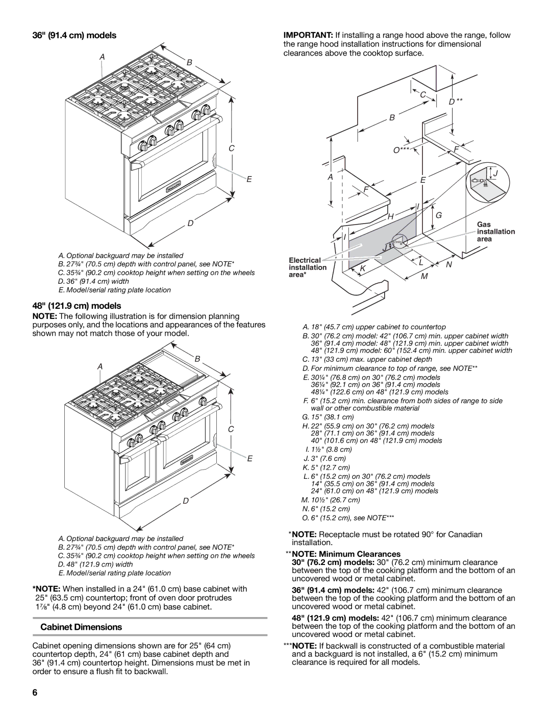 KitchenAid W10284348A installation instructions 36 91.4 cm models, 48 121.9 cm models, Cabinet Dimensions 