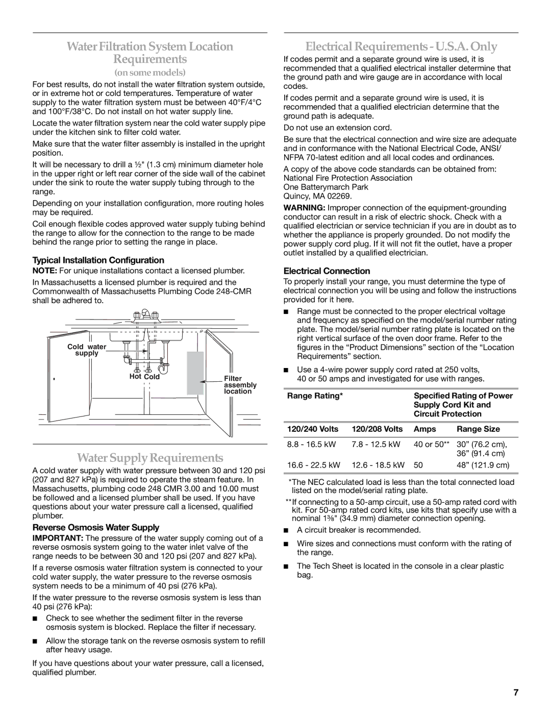 KitchenAid W10284348A installation instructions Water Filtration System Location Requirements, Water Supply Requirements 