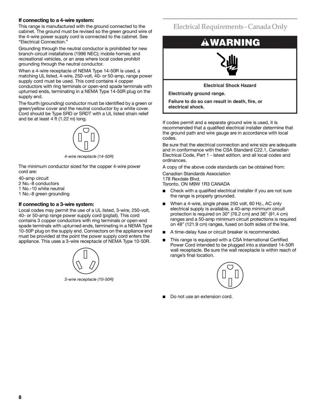 KitchenAid W10284348A Electrical Requirements Canada Only, If connecting to a 4-wire system, Wire receptacle 14-50R 