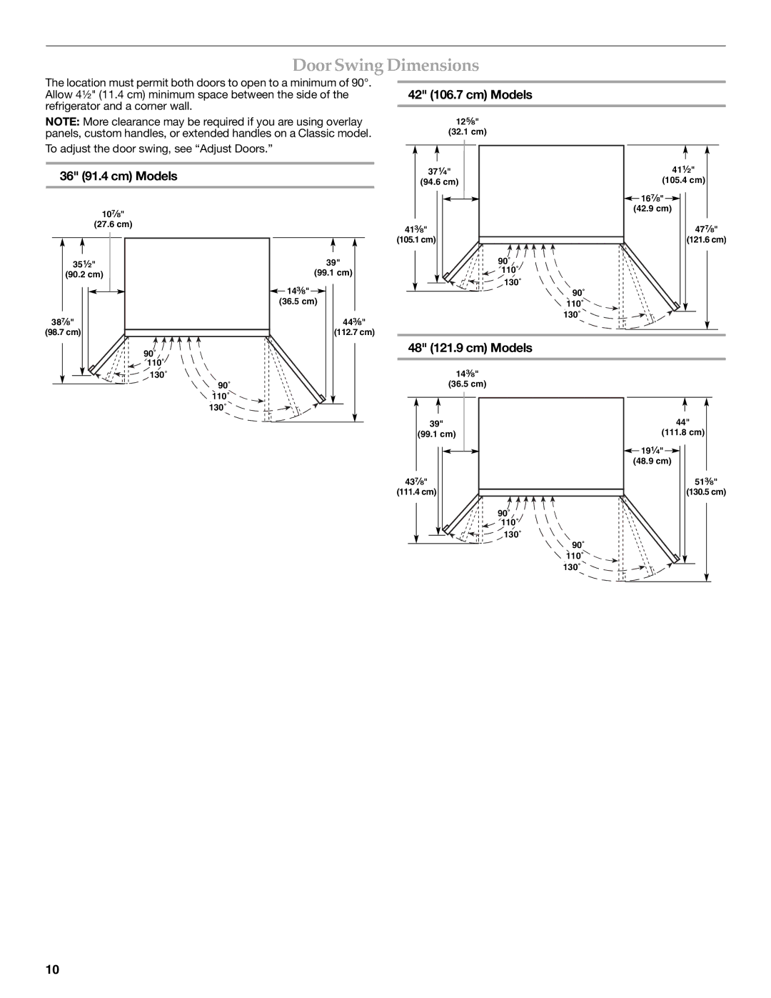 KitchenAid W10291426A manual Door Swing Dimensions, 36 91.4 cm Models, 42 106.7 cm Models, 48 121.9 cm Models 