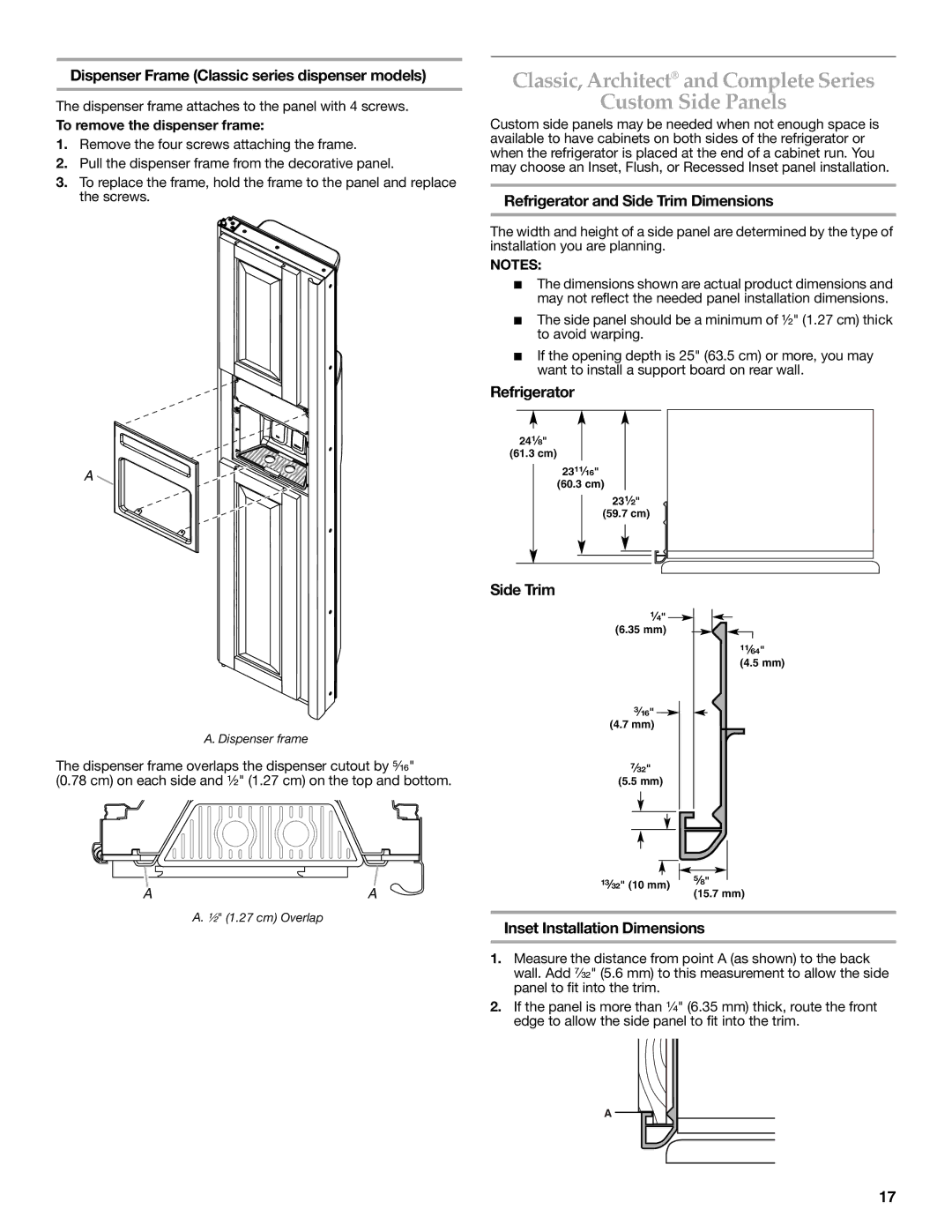 KitchenAid W10291426A manual Classic, Architect and Complete Series Custom Side Panels 