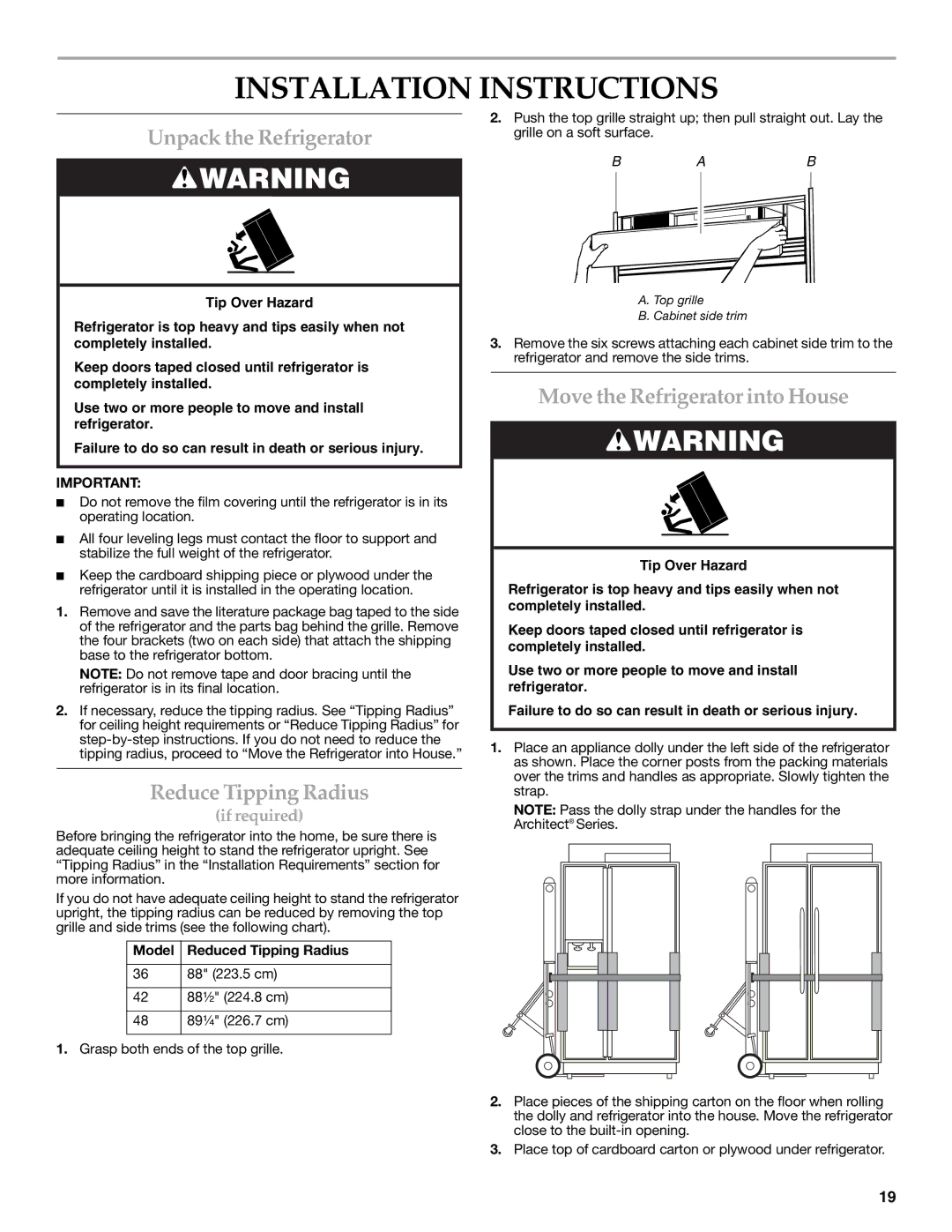 KitchenAid W10291426A manual Installation Instructions, Unpack the Refrigerator, Reduce Tipping Radius 