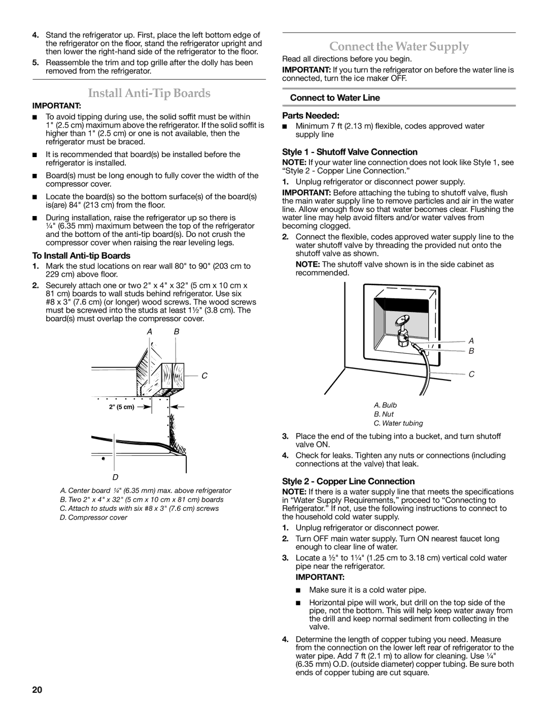 KitchenAid W10291426A manual Install Anti-Tip Boards, Connect the Water Supply 