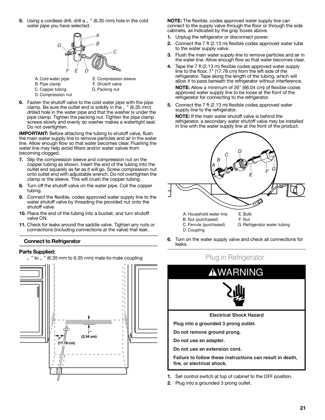 KitchenAid W10291426A manual Plug in Refrigerator, Parts Supplied, Connect to Refrigerator 