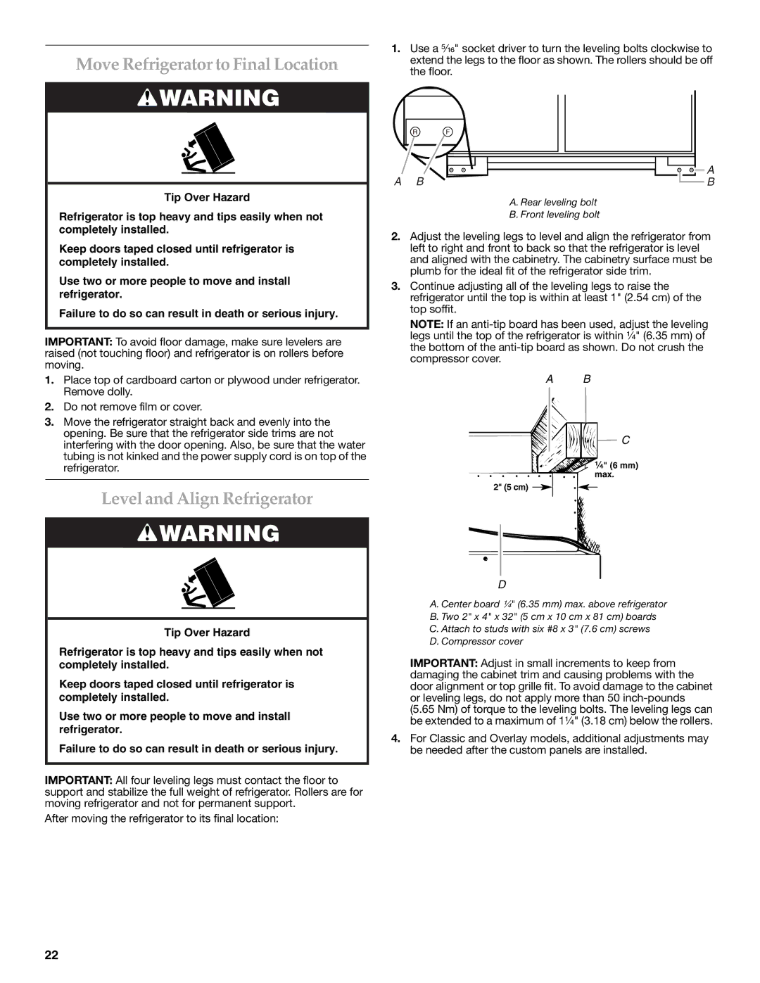 KitchenAid W10291426A manual Move Refrigerator to Final Location, Level and Align Refrigerator 