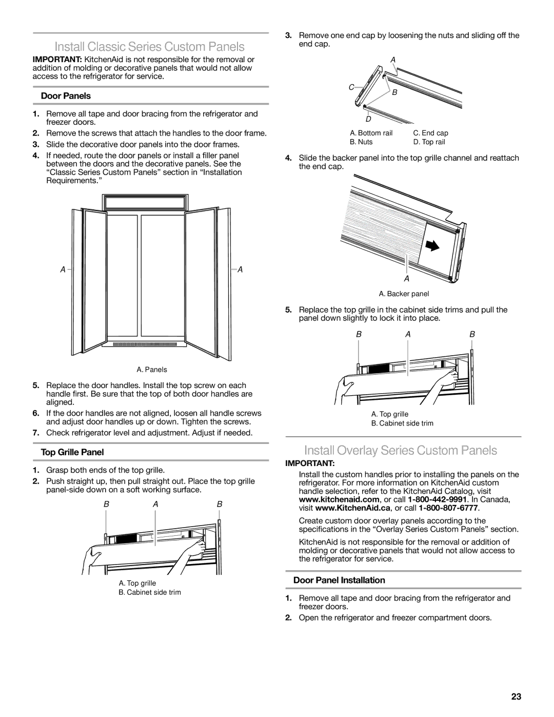 KitchenAid W10291426A manual Install Classic Series Custom Panels, Install Overlay Series Custom Panels, Door Panels 