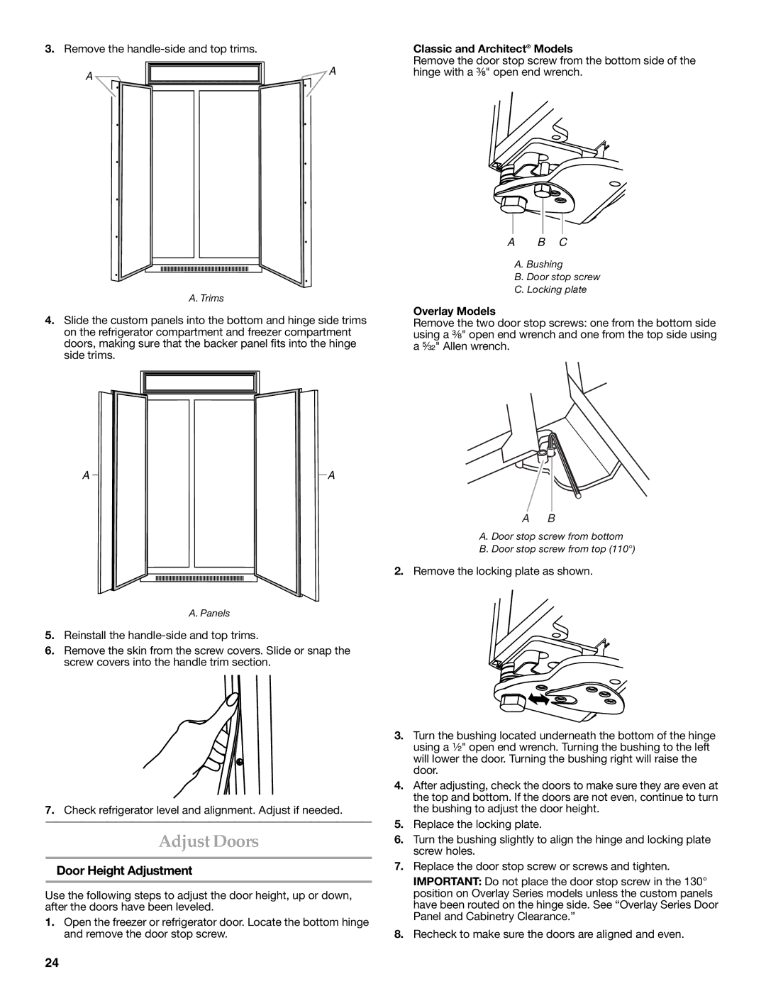 KitchenAid W10291426A manual Adjust Doors, Door Height Adjustment, Remove the handle-side and top trims, Overlay Models 