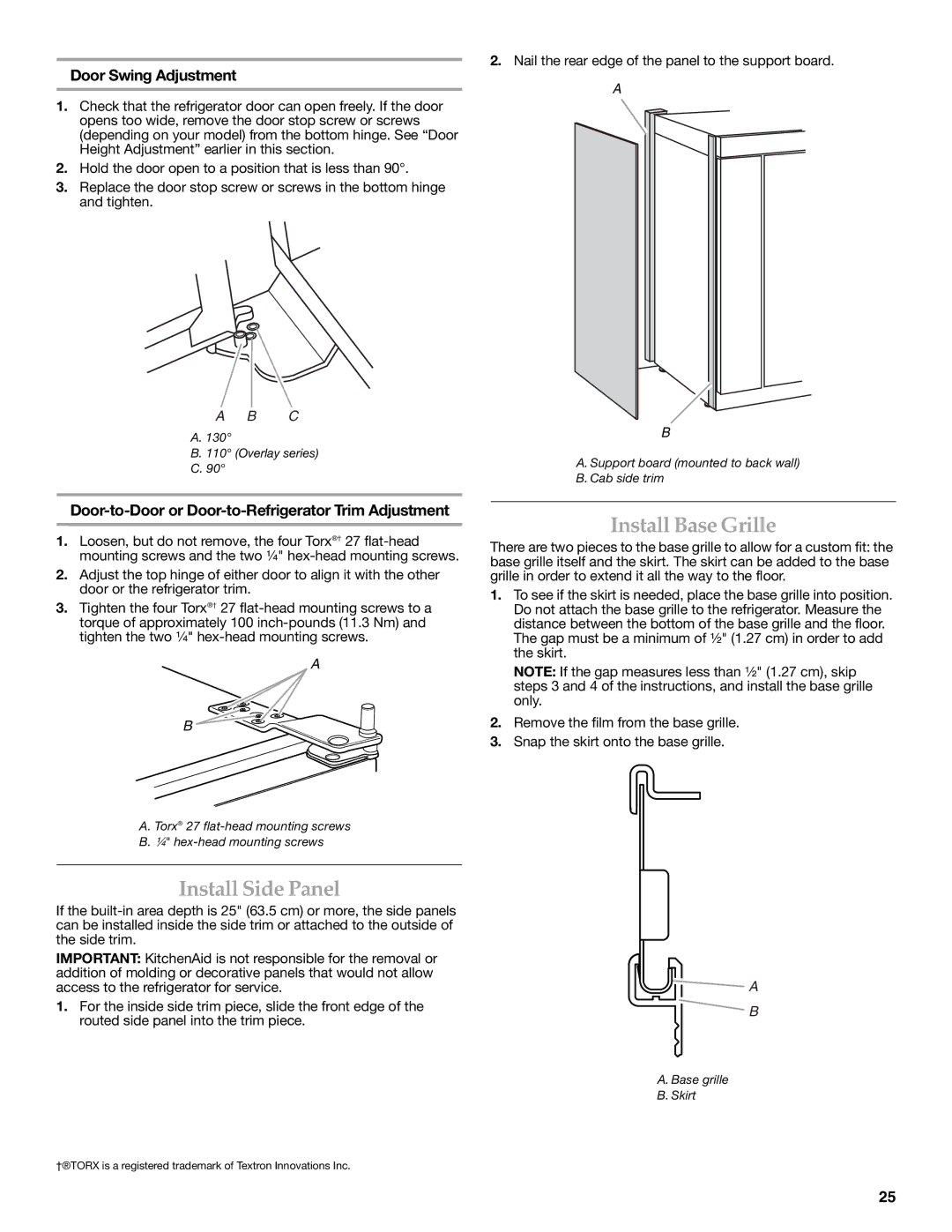 KitchenAid W10291426A manual Install Base Grille, Install Side Panel, Door Swing Adjustment 