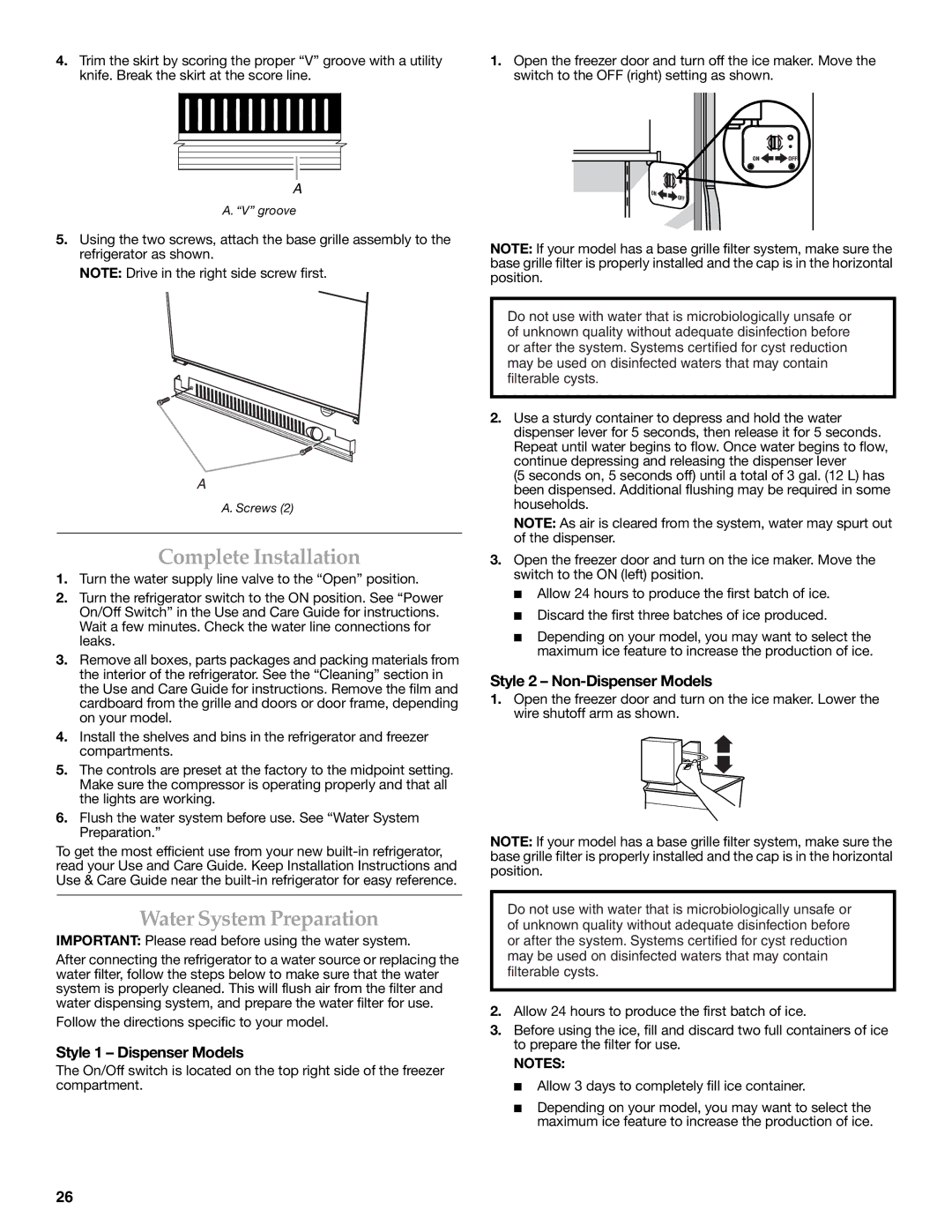 KitchenAid W10291426A manual Complete Installation, Water System Preparation, Style 1 Dispenser Models 