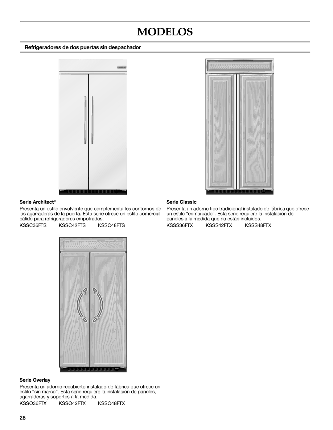 KitchenAid W10291426A manual Modelos, Refrigeradores de dos puertas sin despachador, Serie Architect, Serie Classic 