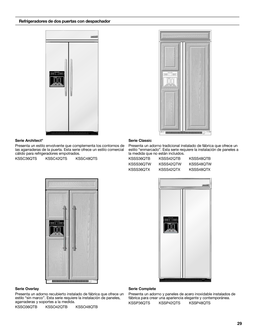 KitchenAid W10291426A manual Refrigeradores de dos puertas con despachador, Serie Complete 