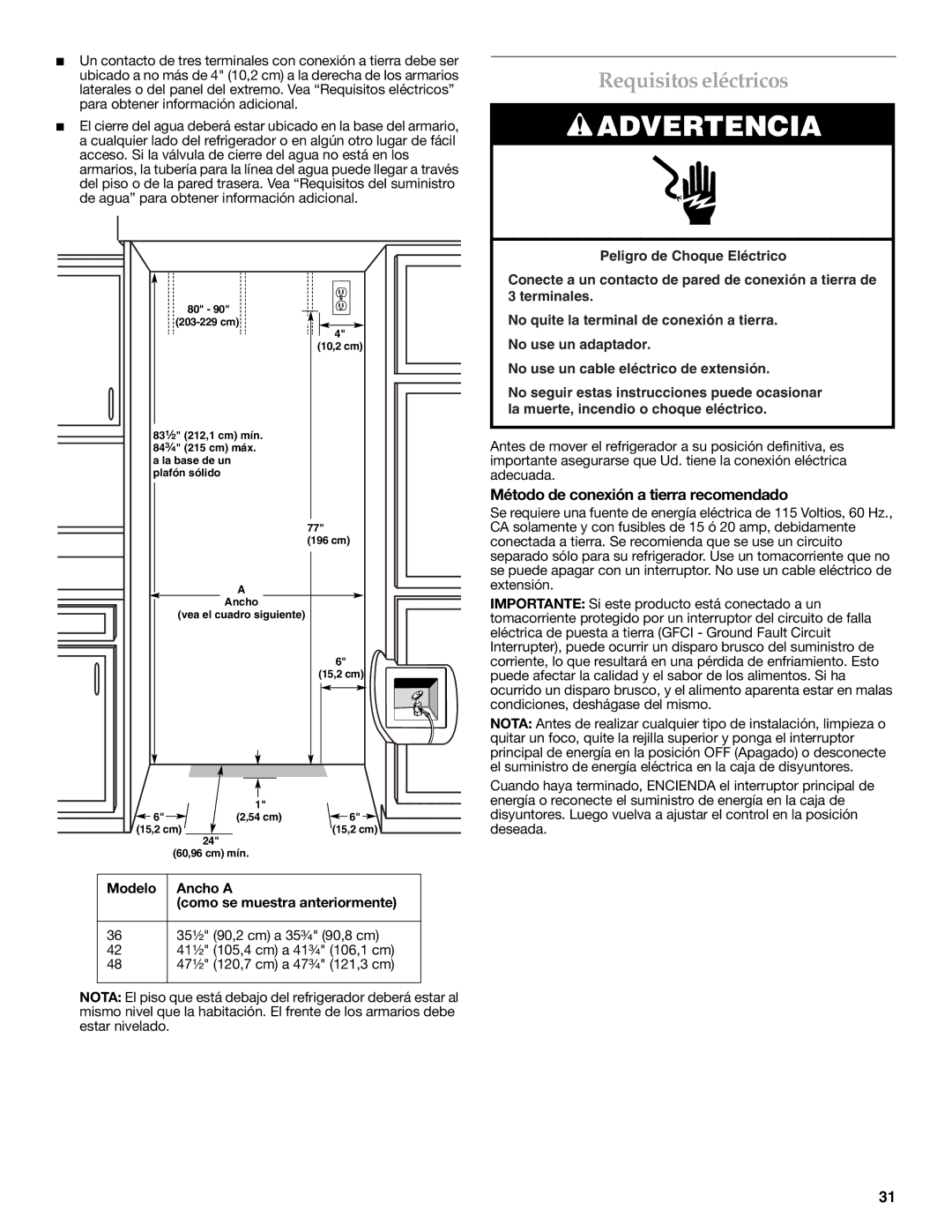 KitchenAid W10291426A manual Requisitos eléctricos, Método de conexión a tierra recomendado 