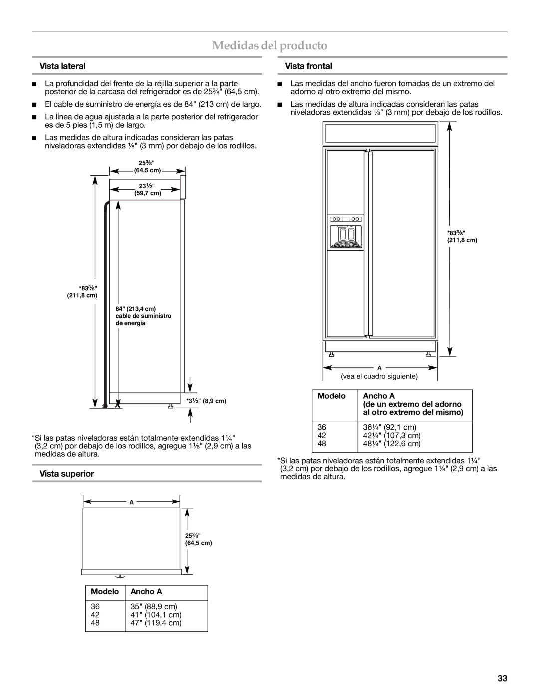 KitchenAid W10291426A manual Medidas del producto, Vista lateral Vista frontal, Vista superior, Modelo Ancho a 