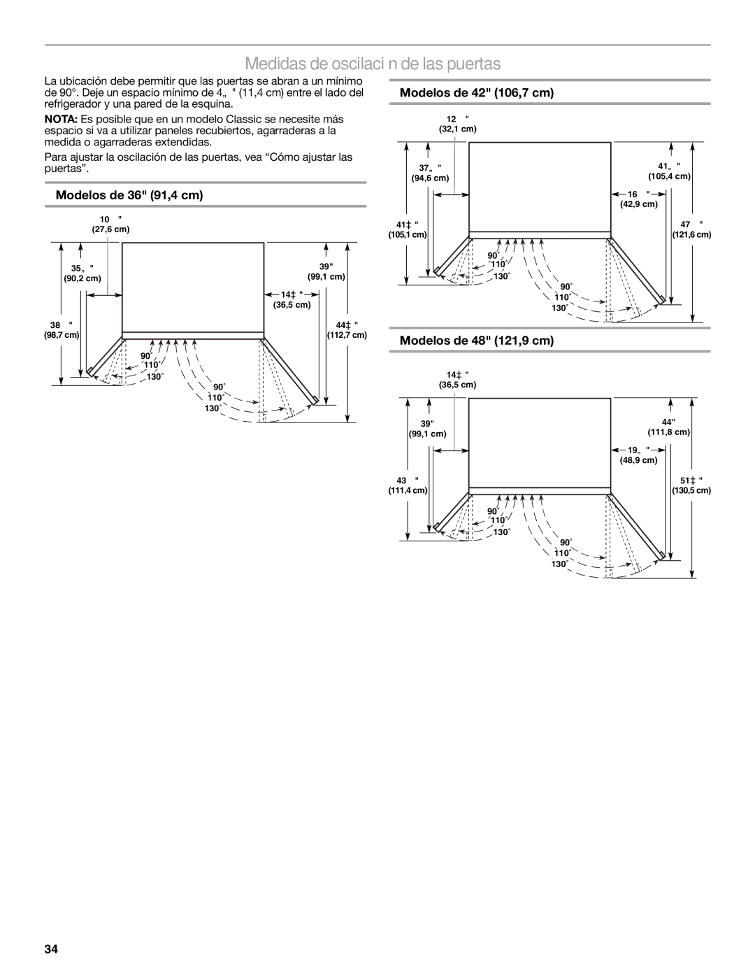 KitchenAid W10291426A manual Medidas de oscilación de las puertas, Modelos de 36 91,4 cm, Modelos de 42 106,7 cm 