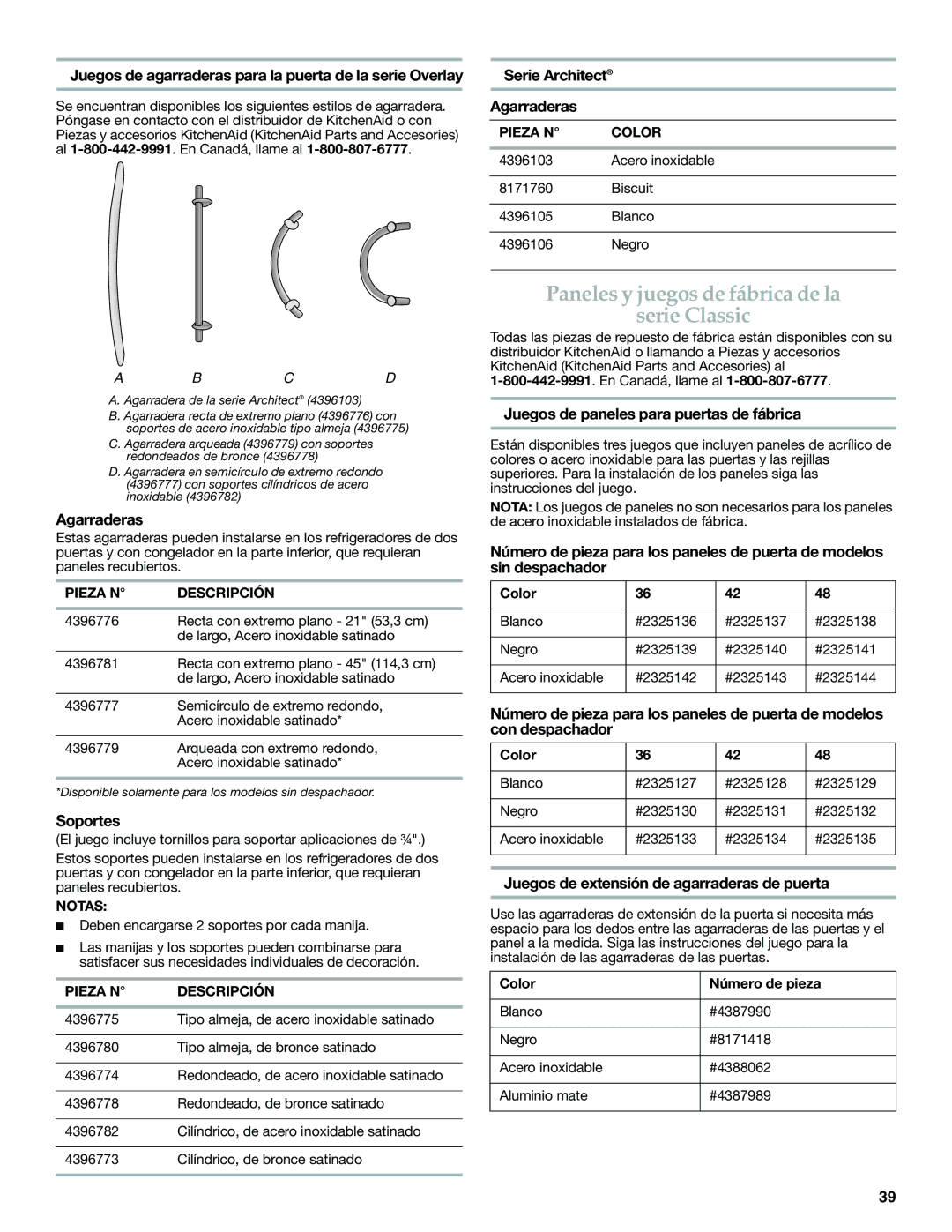 KitchenAid W10291426A manual Paneles y juegos de fábrica de la Serie Classic 