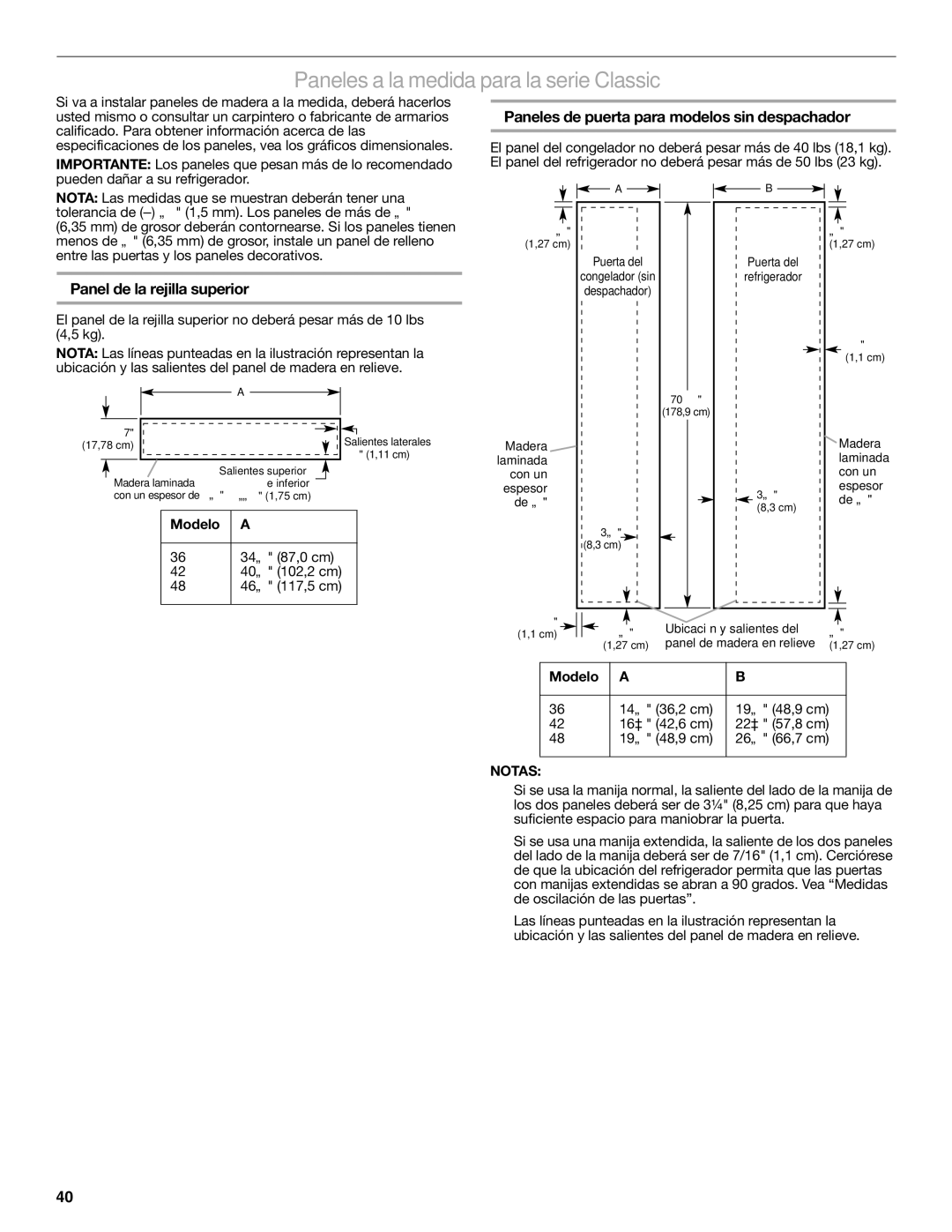 KitchenAid W10291426A manual Paneles a la medida para la serie Classic, Paneles de puerta para modelos sin despachador 