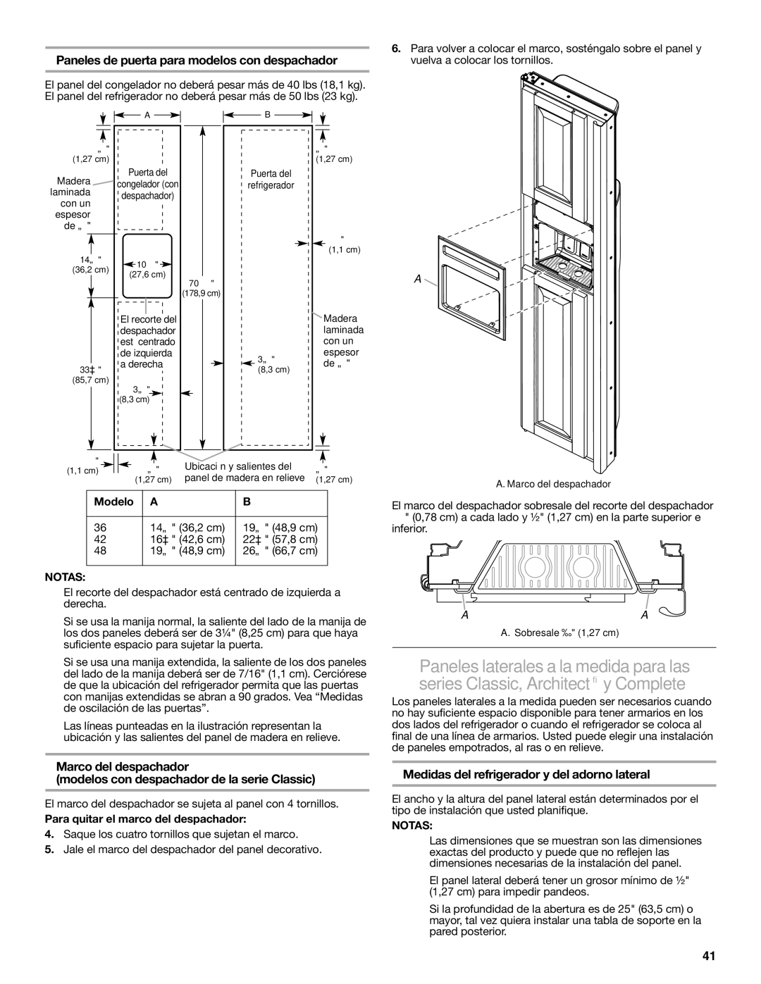 KitchenAid W10291426A manual Paneles de puerta para modelos con despachador, Medidas del refrigerador y del adorno lateral 