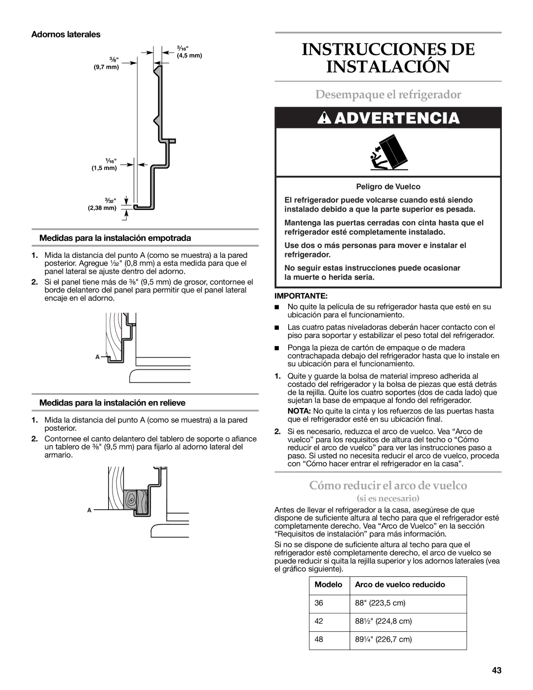 KitchenAid W10291426A manual Instrucciones DE Instalación, Desempaque el refrigerador, Cómo reducir el arco de vuelco 