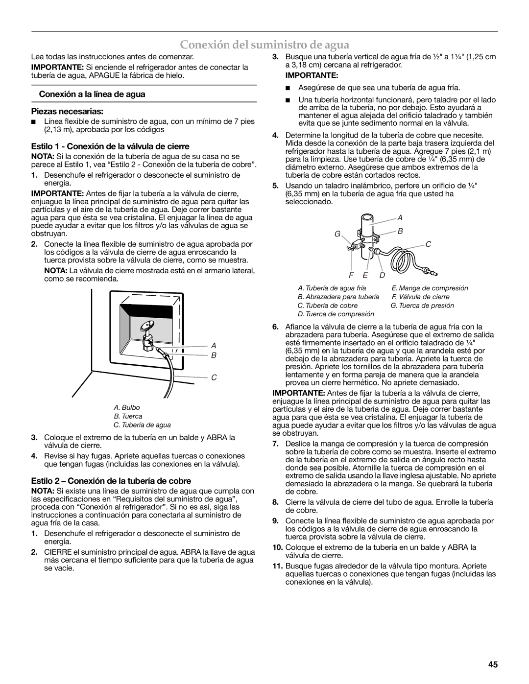 KitchenAid W10291426A manual Conexión del suministro de agua, Conexión a la línea de agua Piezas necesarias 