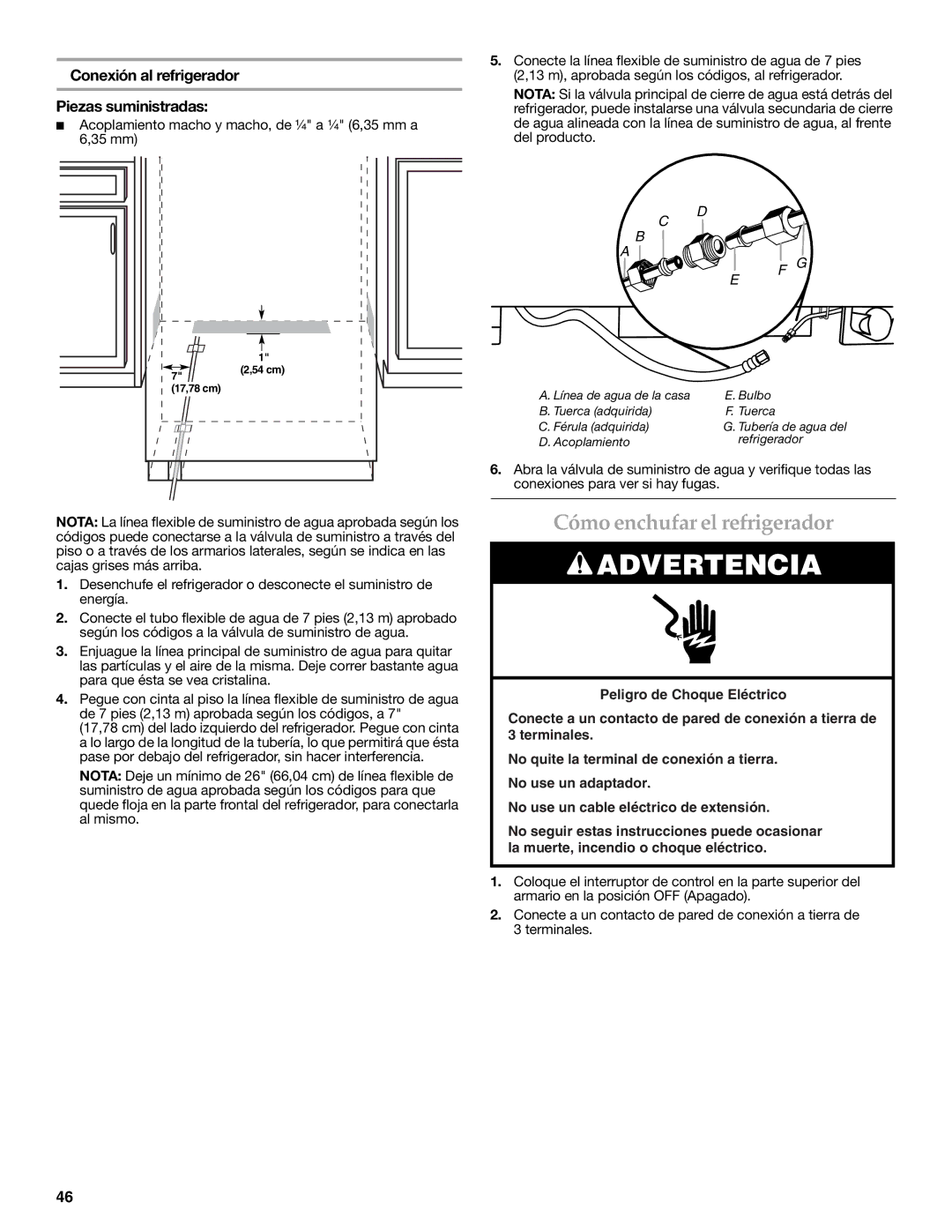 KitchenAid W10291426A manual Cómo enchufar el refrigerador, Conexión al refrigerador Piezas suministradas, 35 mm 